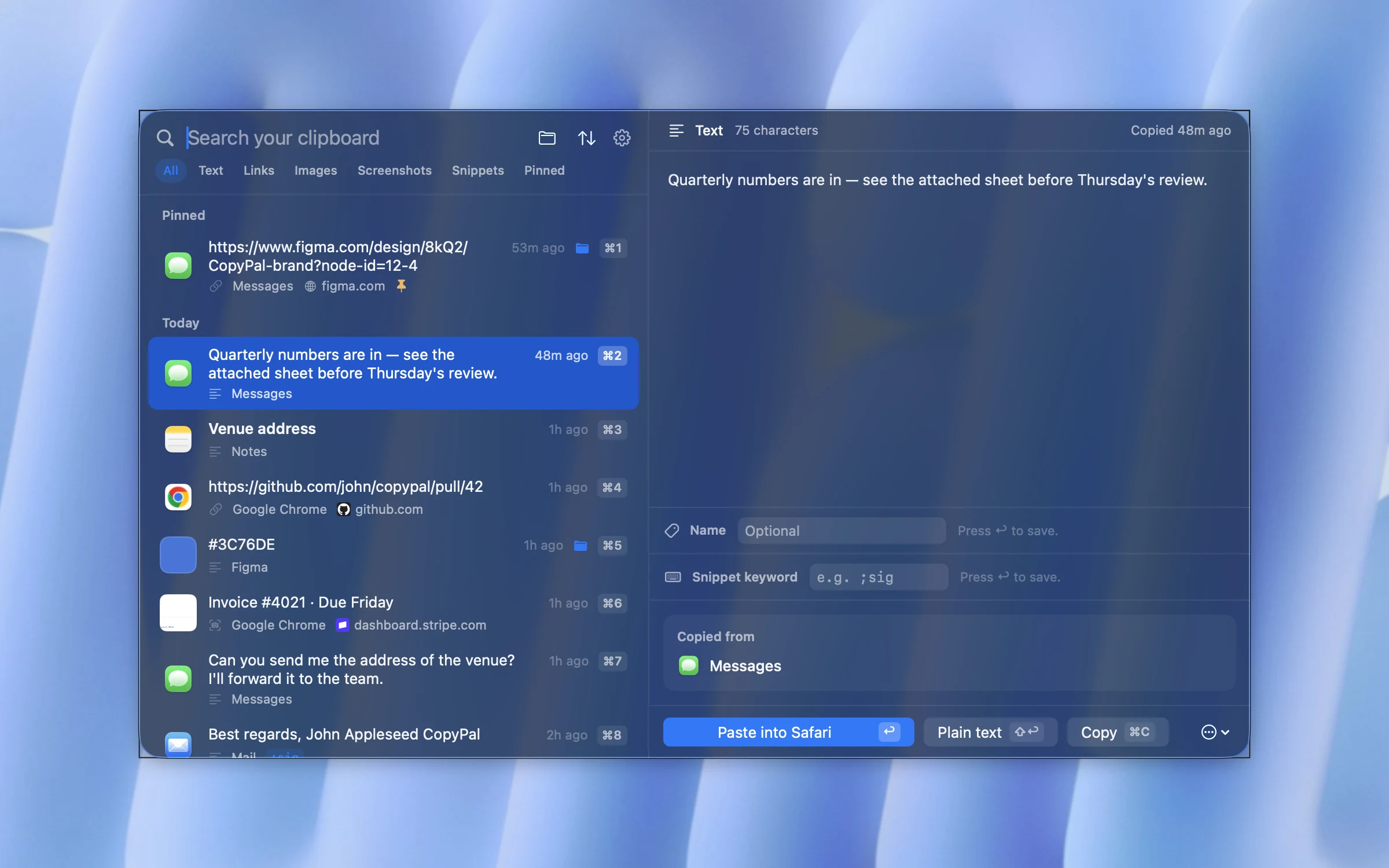 CopyPal on macOS: a clipboard panel with search, a list of recently copied items and a preview of the selected one.
