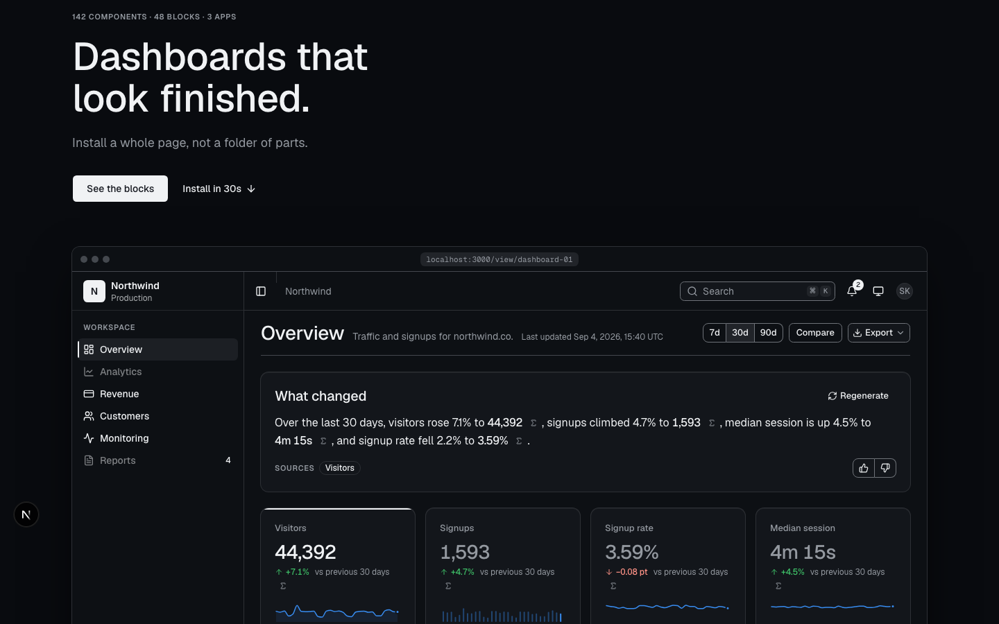 The Vibra UI site in dark mode: the headline Dashboards that look finished above a live analytics dashboard.